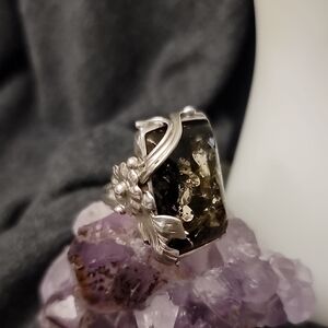 925 Green Amber Flower Ring